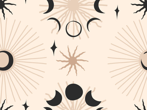 Hand drawn vector abstract flat stock graphic icon illustrations seamless pattern with celestial moon phases,sun and stars, mystic and simple collage shapes isolated on color background