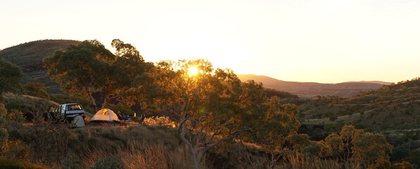Hiking and camping in the hilly landscapes near Dales Gorge and Karijini National Park in Western...
