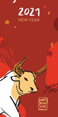 Fototapeta na wymiar Vertical new year's red banner with the symbol of 2021 new year. White metal bull drawn with a line in Chinese style. Template for a poster, invitation, card for a holiday party. Vector iliustration.