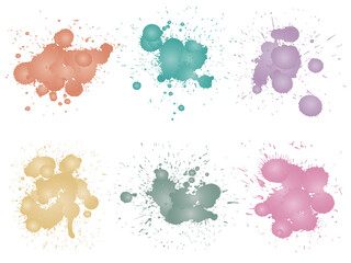 Vector collection of artistic grungy paint drop, hand made creative splash or splatter stroke set isolated white background. Abstract grunge dirty stains group, education or graphic art decoration