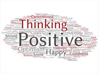 Vector concept, conceptual positive thinking, happy strong attitude abstract word cloud isolated on background. Collage of optimism smile, faith, courageous goals, goodness, happiness inspiration text