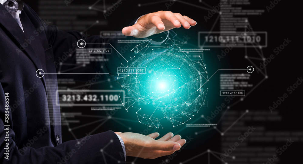 Poster modern technologies in business. collage of entrepreneur holding virtual hologram and digital interf