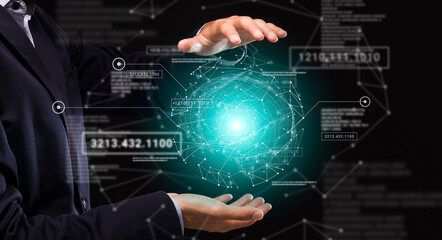 Modern technologies in business. Collage of entrepreneur holding virtual hologram and digital interface with information