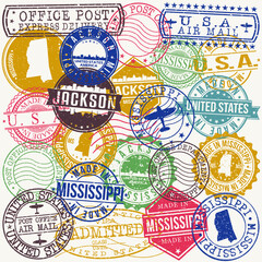 Jackson Mississippi Set of Stamps. Travel Stamp. Made In Product. Design Seals Old Style Insignia.