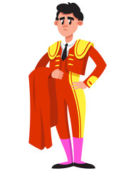 Standing serious bullfighter. Male character in cartoon style.