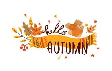 Hello autumn hand drawn lettering vector. Fall season. Autumn phrase with cute and cozy design elements. The illustration is isolated on a white background.