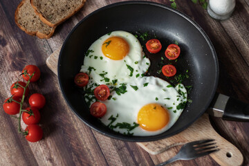 
Fried eggs in a frying pan.
