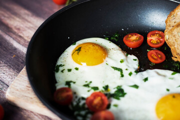 
Fried eggs in a frying pan.