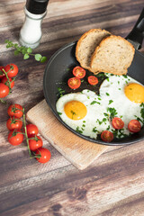 
Fried eggs in a frying pan.