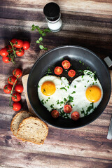 
Fried eggs in a frying pan.