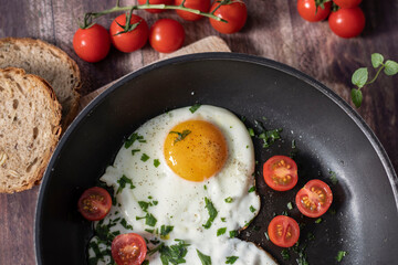 
Fried eggs in a frying pan.