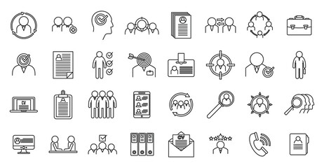 Headhunter staff icons set. Outline set of headhunter staff vector icons for web design isolated on white background