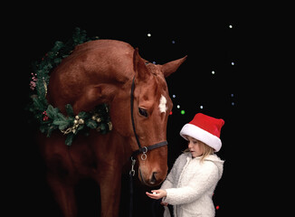 Little beautiful girl posing in christmas outfit next to a big red horse - 383487712
