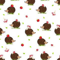 Hedgehogs with mushrooms and apples on the grass. Seamless pattern with hedgehogs and fly agaric. Print for fabric, wrapping paper and phone case.