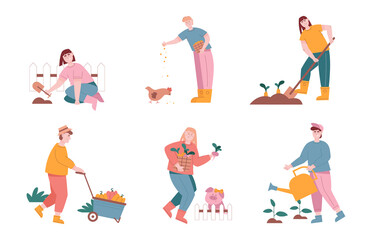 Fototapeta premium Man and woman characters harvesting and planting vegetables in farm graden. Vector illustration set of farmer people work in agriculture farm field. Feeding animals, seeding plants, harvest.