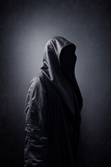 Fototapeta na wymiar Scary figure in hooded cloak in the dark