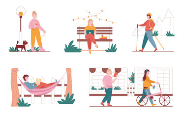 Vector set of city park situation illustrations. Woman and man characters walking in a park, work with laptop on a bench, reading book in hammock, walk with bicycle. Urban summer