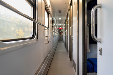 Empty train carriage. Coupe. Railroad travel. Train travel rules