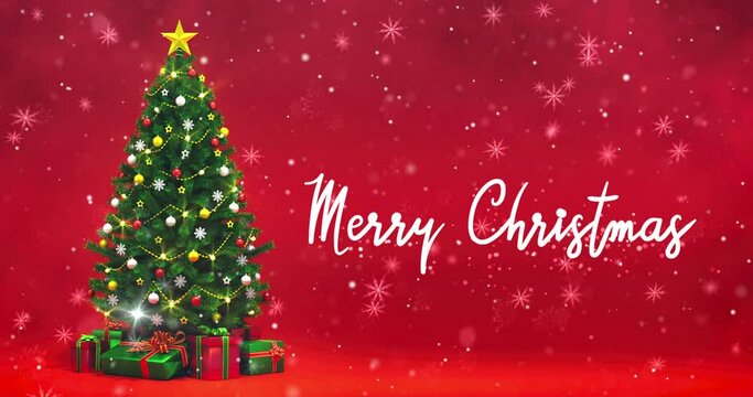 Decorated Christmas tree with animation of Merry Christmas handwritten text. Winter snowfall and red festive background. Christian holiday scene as 4k video loop.