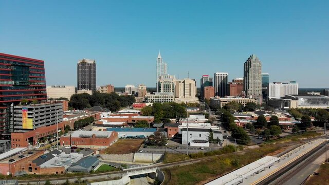 Revealing drone shot of downtown Raleigh North Carolina