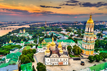 Dormition Cathedral and the Bell Tower of Pechersk Lavra in Kiev. UNESCO world heritage in Ukraine