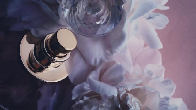 Purple perfume bottle with peony flowers, chic fragrance scent as luxury cosmetic, fashion and beauty product background, stock footage
