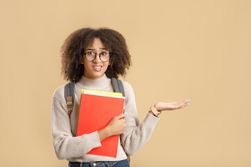 Negative human emotions, unpleasant or wrong choice. Doubting african american woman in glasses and...