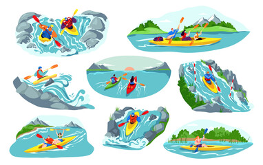 People kayaking vector illustration set. Cartoon flat man woman active kayaker characters canoeing, sitting in kayak boat, holding paddles and rafting. Water sport extreme activity isolated on white - obrazy, fototapety, plakaty