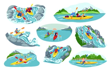 Foto op Canvas People kayaking vector illustration set. Cartoon flat man woman active kayaker characters canoeing, sitting in kayak boat, holding paddles and rafting. Water sport extreme activity isolated on white © Vectorwonderland