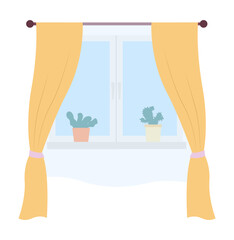 Illustration of living room window with yellow curtains and potted plants on the windowsill vector illustration. Inside view of the interior apartment with daylight , curtains hang on a cornice