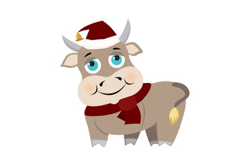 Cute cartoon bull symbol of 2021 wearing santa hat and scarf. Vector illustration for holiday design, announcement, poster, banner, greeting card, calendar, sticker.
