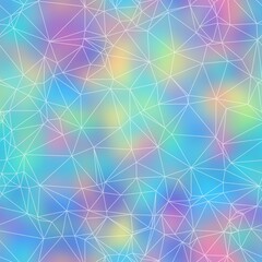 Holographic foil vivid trendy seamless geometric pattern. Opalescent psychedelic design in pastel rainbow colors. Cosmic futuristic iridescent graphic swatch.