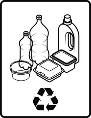 Recycling sign with an arrangement of plastic containers, bottles and tubs.