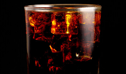 Glass of Cola with ice and bubbles.