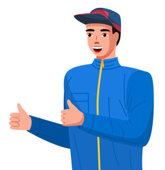 Fototapeta na wymiar Positive young man making thumbs up sign with both hands. Guy in a sports sweatshirt with a lock and a cap. Male character showing okay sign, trendy person making ok or cool gesture with fingers