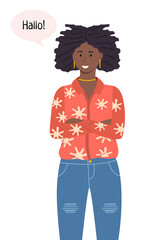Illustration of African American young woman wearing jeans and shirt talking Hello in chat bubble. Portrait of pretty black female character with curly hair wearing stylish clothes isilated on white