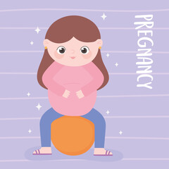 pregnancy and maternity, cute pregnant woman sitting on fitball cartoon
