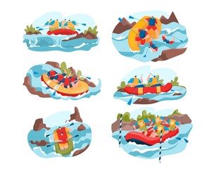 People rafting on river vector illustration set. Cartoon flat man woman active team of characters sitting in rubber boat, holding oars, canoeing. Rafting water extreme sport activity isolated on white