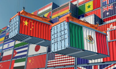 Freight containers with Mexico and China national flags. 3D Rendering