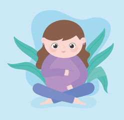 pregnancy and maternity, cute pregnant woman sitting folded legs cartoon