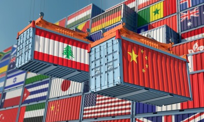 Freight containers with Lebanon and China national flags. 3D Rendering
