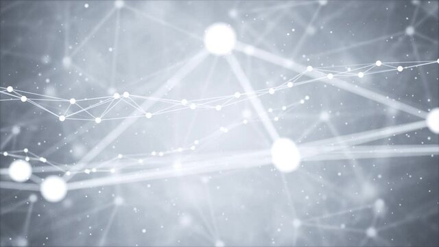 Network nodes greyscale plexus Loop background. Net grid of node points, lines matrix. Global social media network space. Artificial intelligence plexus. Social media communication digital concept.