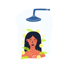 Flat vector cartoon illustration of a woman taking a shower. Morning routine, home relaxation.