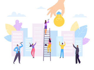 Business achievement, flat hand with success idea vector illustration. People business man character climbing for creative idea concept. Inspiration for innovation light solution at city background.