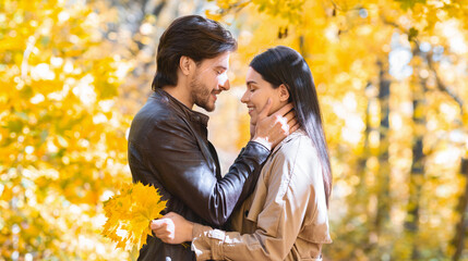 Fototapeta premium Man in love touching his woman face, dating in forest