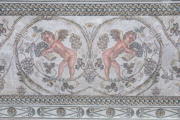 Fototapeta na wymiar Ancient Roman marble-stone mosaic texture. Two angels. Background