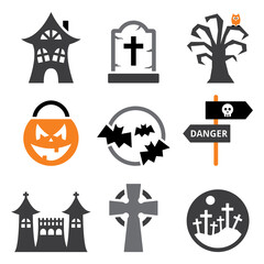 Halloween vector icons set - scary pumpking, graveyard, bats and haunted castle