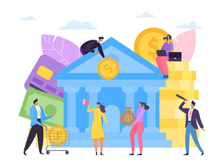 Money saving in flat bank, vector illustration. Banking business finance concept at background design. People character with currency and cash investment have payment, deposit in bank.