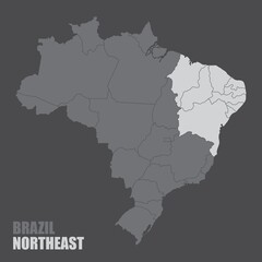 The Brazil map with the highlighted Northeast Region