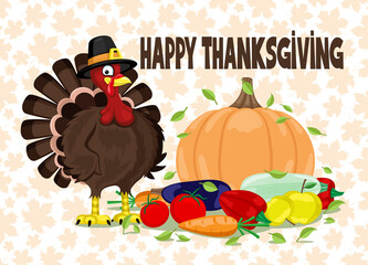 Illustration with turkey and harvest for Thanksgiving Day.